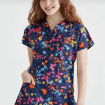 Medical Scrub -Printed -Navy Blue Butterfly Patterned Fabric Surgical Suit V-Neck